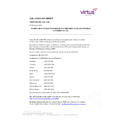 Notification of Half Year Results FY16 Reporting Date and Investor Conference Call