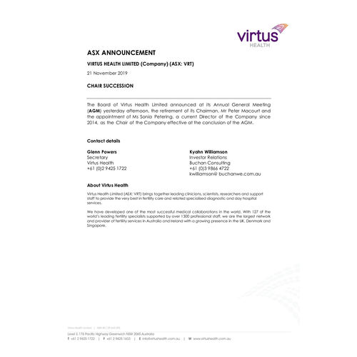 Virtus Health Chair Succession