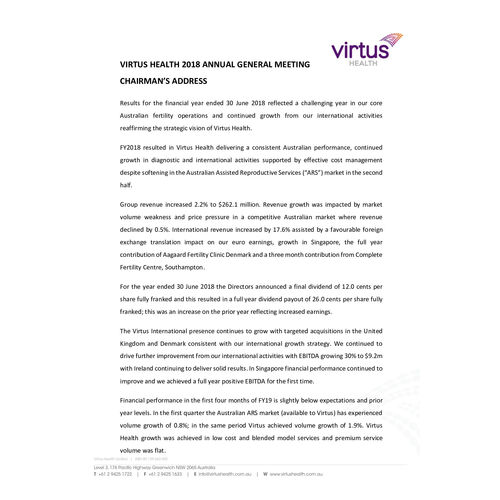 Virtus Health AGM Chairman's address