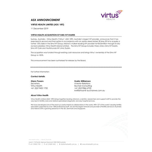 Virtus Health Acquisition of SIMS IVF Shares