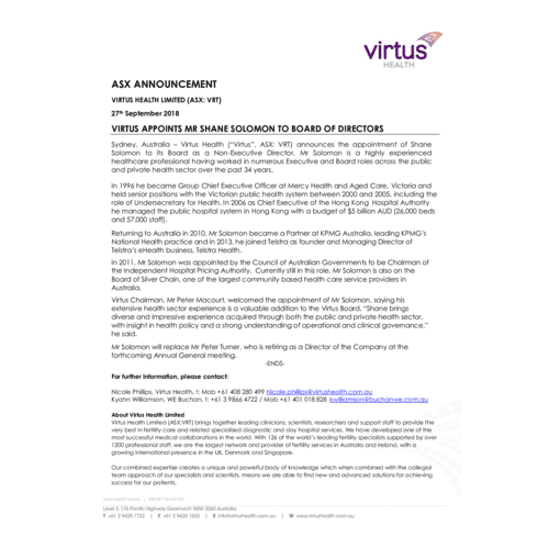 Virtus appoints Mr Shane Solomon to Board of Directors
