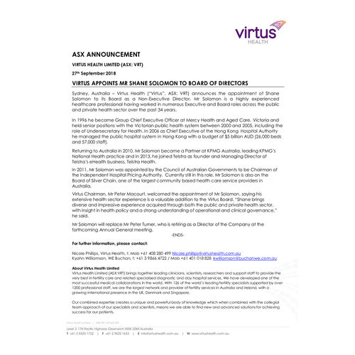 Virtus appoints Mr Shane Solomon to Board of Directors