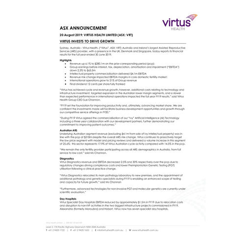 Virtus Health Full Year Financial Results FY2019 media release