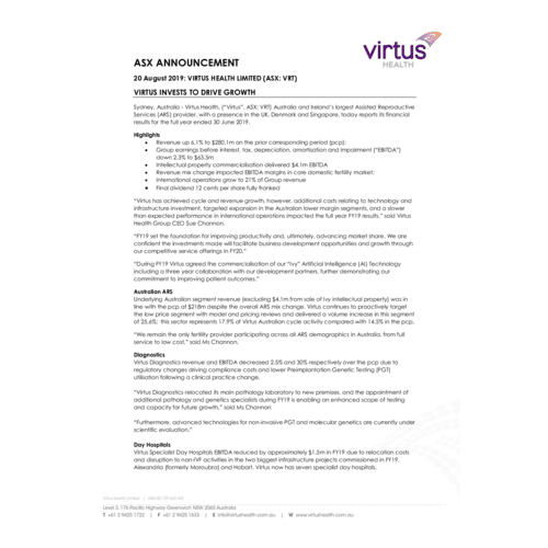 Virtus Health Full Year Financial Results FY2019 media release