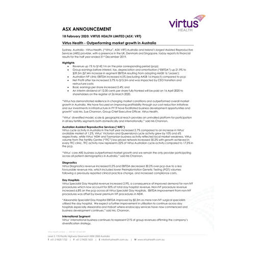 Virtus Health H1 FY20 media release