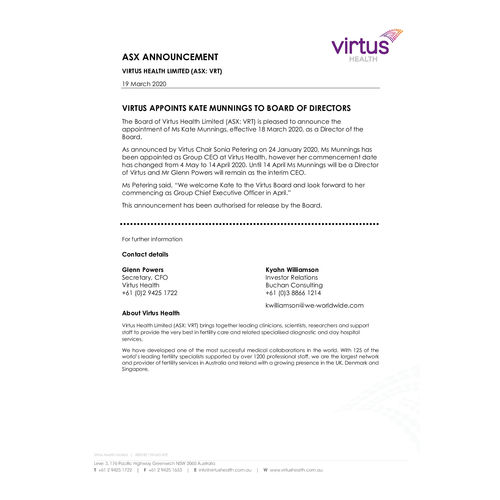 Virtus Health appoints Kate Munnings to Board of Directors