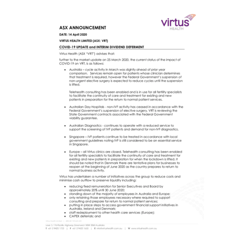 COVID-19 UPDATE and INTERIM DIVIDEND DEFERMENT 