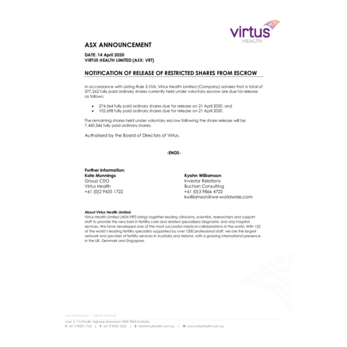 NOTIFICATION OF RELEASE OF RESTRICTED SHARES FROM ESCROW