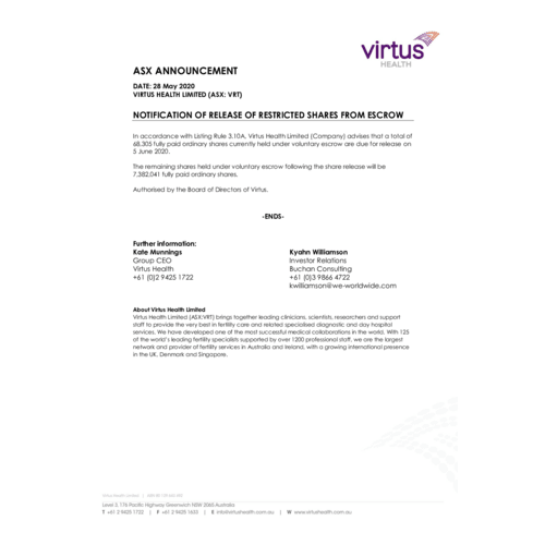 Notification of release of restricted shares from escrow