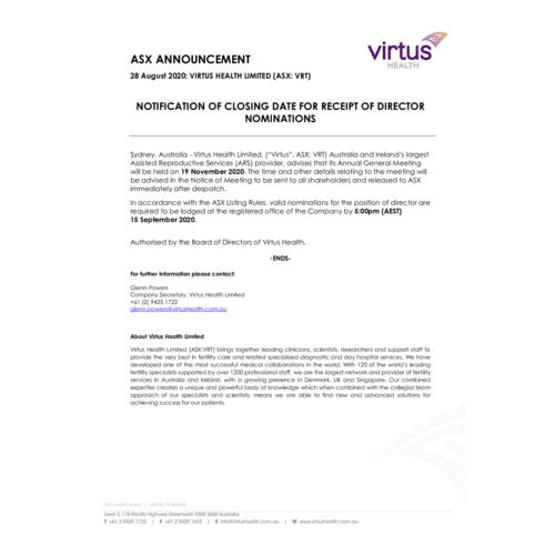 Notification of closing date for receipt of director nominations