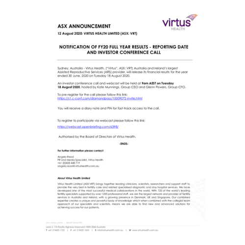Notification of FY20 Full Year Results