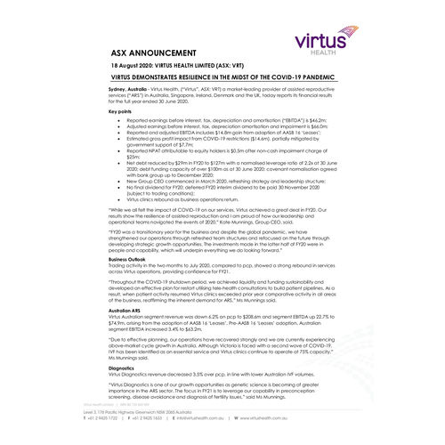 Virtus Health Full Year Financial Results FY20 media release