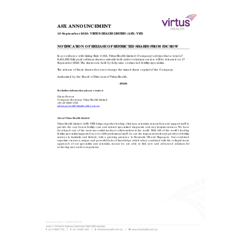 Notification Of Release Of Restricted Shares From Escrow