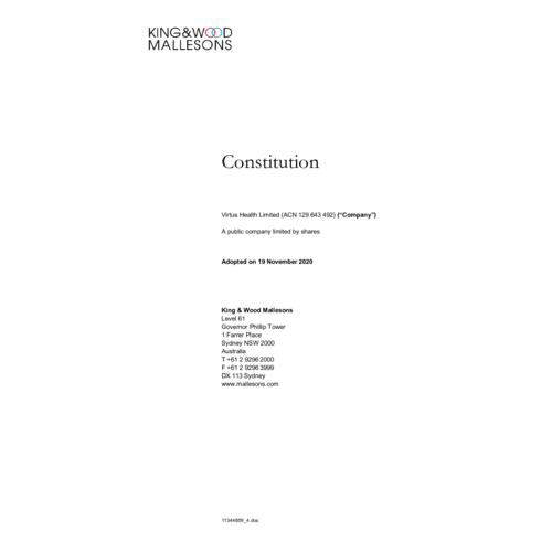 Virtus Health Limited Constitution - adopted 20 November 2020