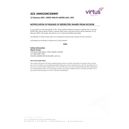 Notification of Release of Restricted Shares from Escrow