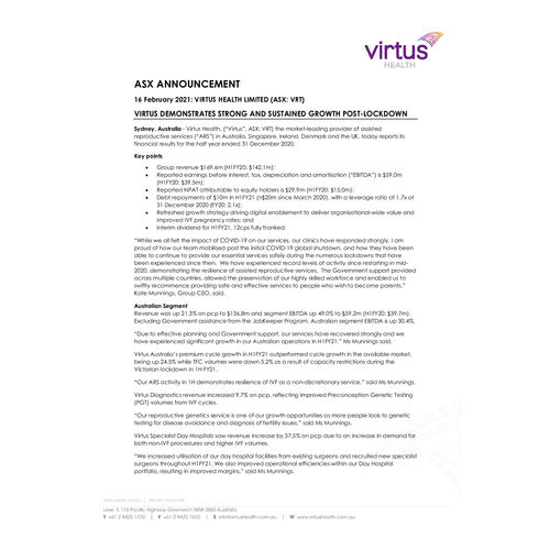 Virtus Health H1FY21 Media Release