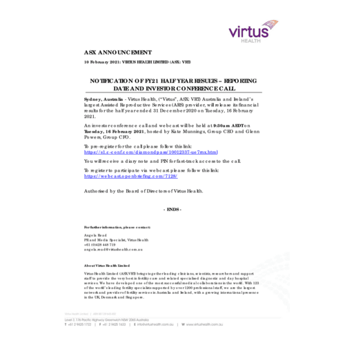 Notification of FY21 Half Year Results
