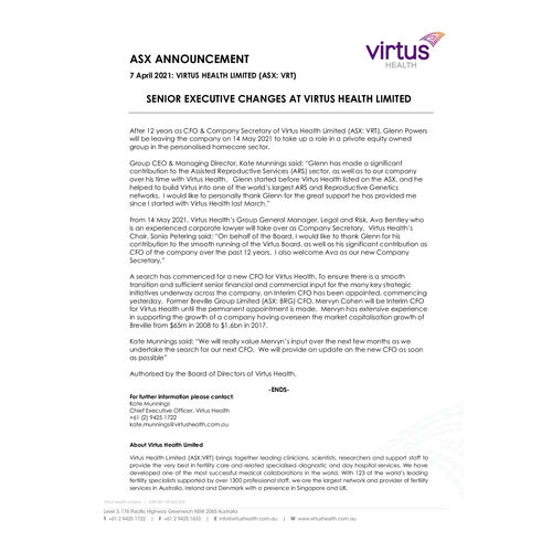 Senior Executive Changes at Virtus Health Limited
