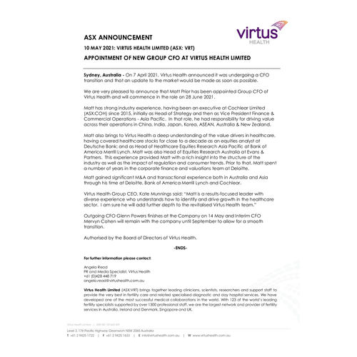 Appointment of New Group CFO at Virtus Health Limited