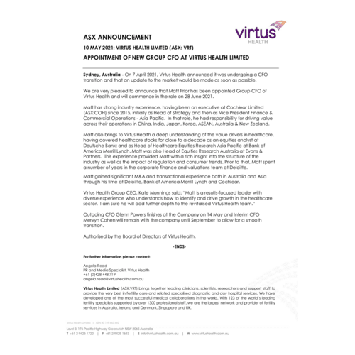 Appointment of New Group CFO at Virtus Health Limited
