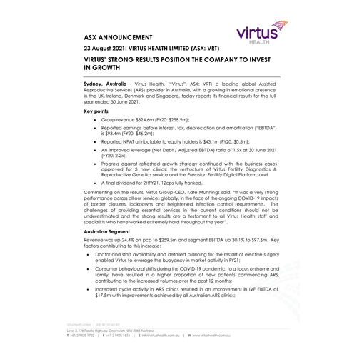 Virtus Health Full Year Financial Results FY21 media release