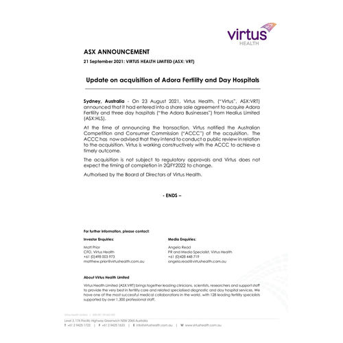 047-VRT - ASX - Update on acquisition of Adora Fertility and Day Hospitals 21 Sept 2021.pdf