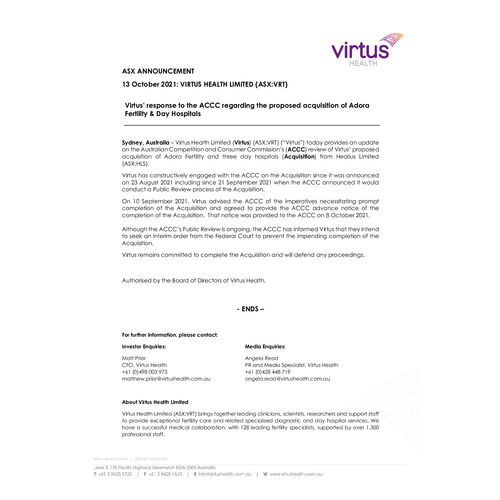 Virtus’ response to the ACCC regarding the proposed acquisition of Adora Fertility & Day Hospitals 