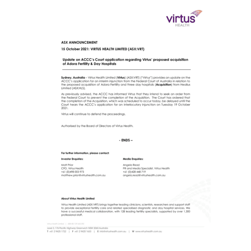 050-VRT - ASX - Update on ACCC's application on the Adora Acquisition.pdf