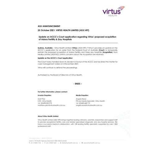 052-VRT - ASX - Update on ACCC's application on the Adora Acquisition 25Oct2021.pdf