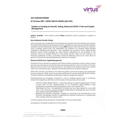 053-VRT - ASX - Update on Funding for Genetic Testing Reduced COVID-19 risk and Capital Management 29Oct2021.pdf