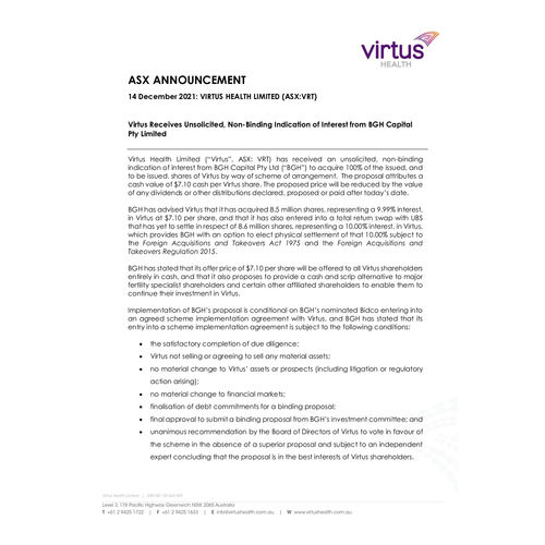 061-VRT - ASX - Virtus Receives Unsolicited Non-Binding Indication of Interest from BGH Capital Pty Limited 14Dec2021.pdf