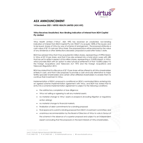 061-VRT - ASX - Virtus Receives Unsolicited Non-Binding Indication of Interest from BGH Capital Pty Limited 14Dec2021.pdf