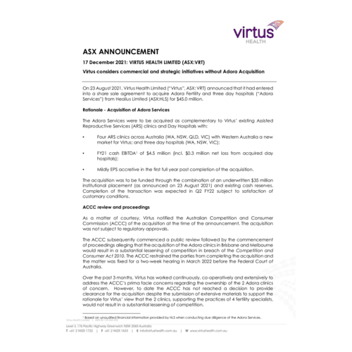 062-VRT - ASX - Virtus considers commercial and strategic initiatives without Adora Acquisition 17Dec2021.pdf