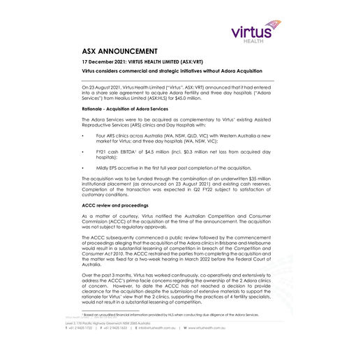 Virtus considers commercial and strategic initiatives without Adora Acquisition