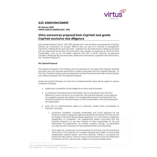 Virtus announces proposal from CapVest and grants CapVest exclusive due diligence
