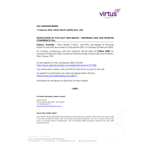 066-VRT-ASX- H1FY22 Results_ Notification of Call 17 Feb 2022.pdf