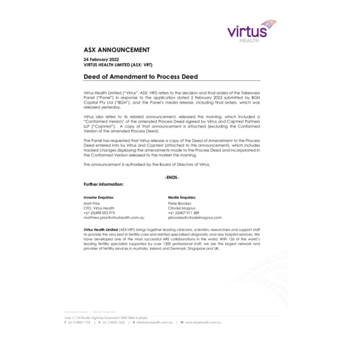 069-VRT - ASX Announcement - Deed of Amendment to Process Deed 24 Feb 2022.pdf