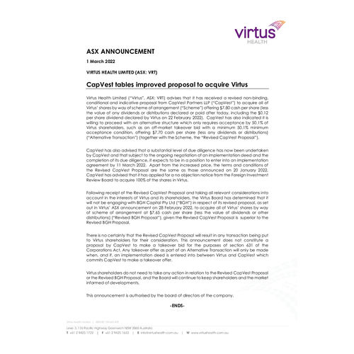 CapVest tables improved proposal to acquire Virtus