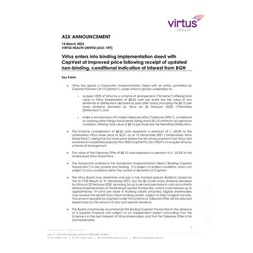 Virtus enters into binding implementation deed with CapVest at improved price following receipt of updated non-binding, conditional indication of interest from BGH