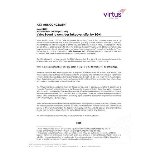 Virtus Board to consider Takeover offer by BGH