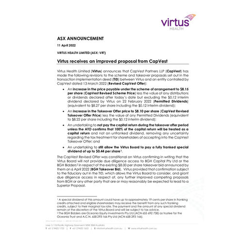 Virtus receives an improved proposal from CapVest