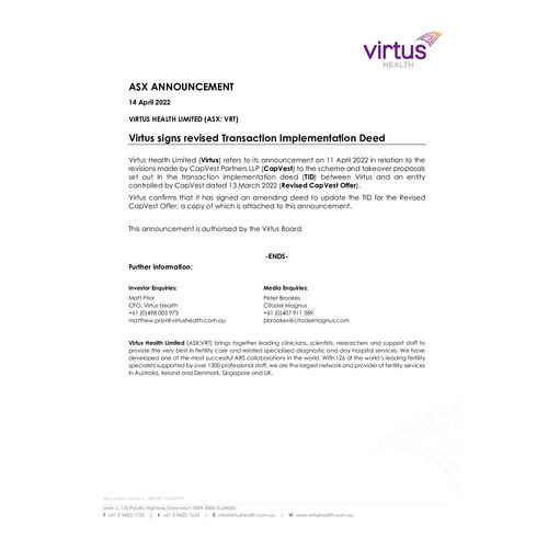 Virtus signs revised Transaction Implementation Deed