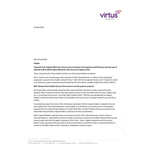 Update from Chair of Virtus Health: Proposals from CapVest and BGH Capital