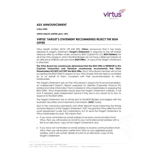079-VRT-ASX Announcement - Release of Target's Statement 3 May 2022.pdf