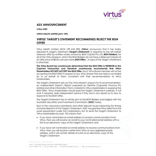 Virtus' Target's Statement recommends reject the BGH offer