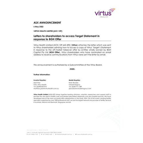 082-VRT-ASX Announcement - Target's Statement (BGH) Letters to Shareholders 6 May 2022.pdf