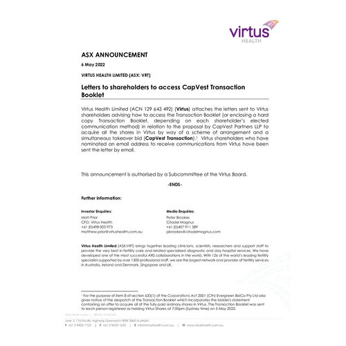 083-VRT-ASX Announcement - Transaction Booklet (CapVest) Letters to Shareholders 6 May 2022.pdf