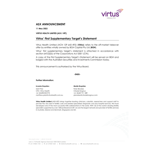 084-VRT-ASX Announcement - First Supplementary Target's Statement (BGH) 11 May 2022.pdf