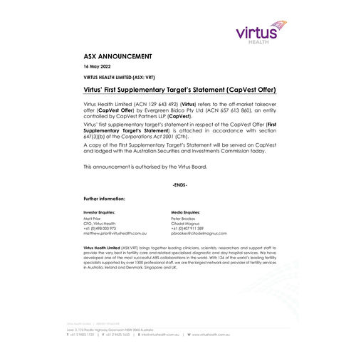 086-VRT-ASX Announcement - First Supplementary Target's Statement (CapVest Offer) 16May2022.pdf