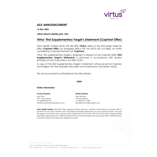 086-VRT-ASX Announcement - First Supplementary Target's Statement (CapVest Offer) 16May2022.pdf